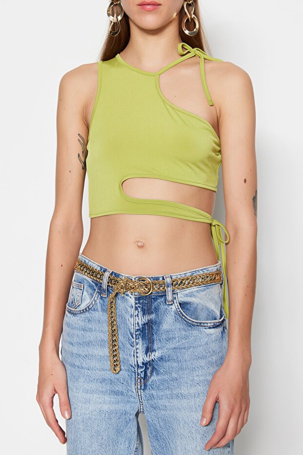 Yağ Yeşil Crop Örme Pencere/Cut Out Detaylı Bluz TPRSS23BZ00026 - 4