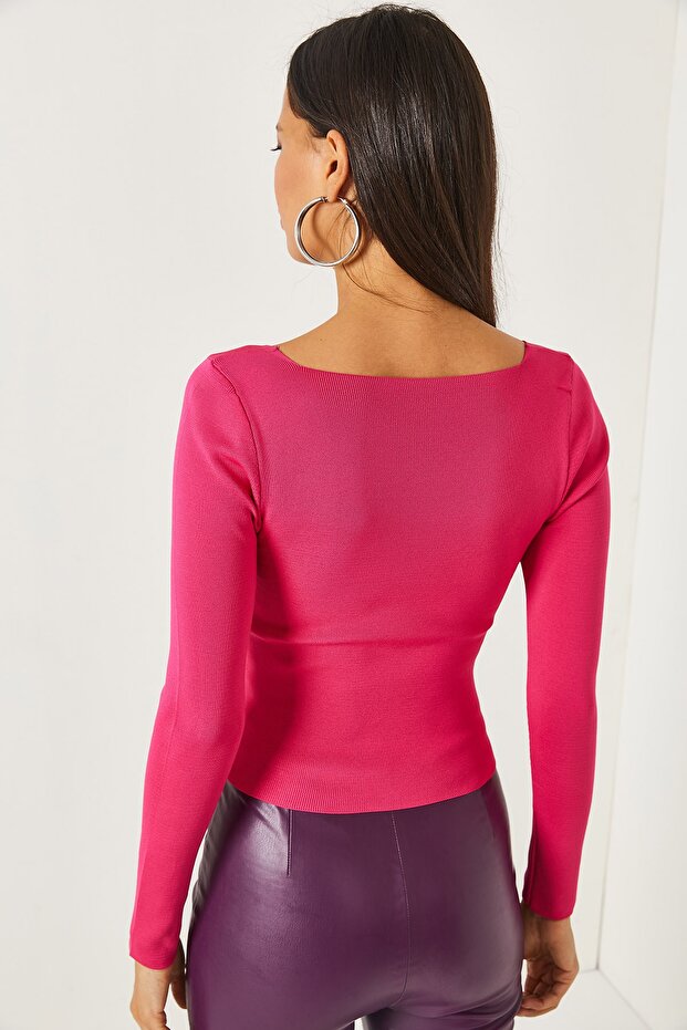 Fuşya Kare Yaka Basic Triko Bluz BLZ-19001114 - 5