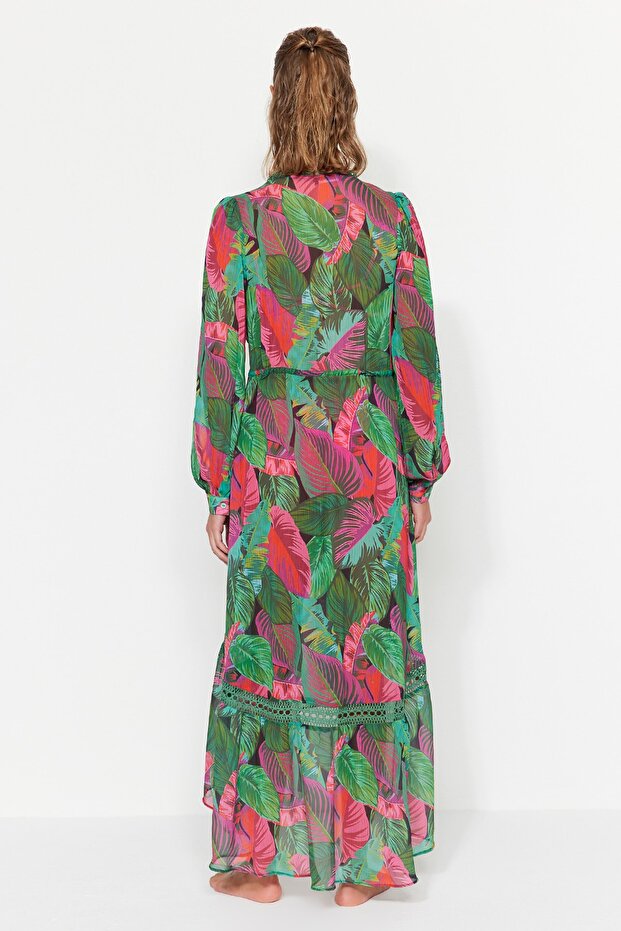 Tropikal Desenli Dokuma Şeritli Maxi Plaj Kimono&Kaftan TBESS23KM00002 - 7