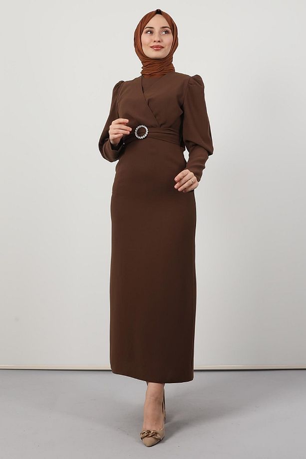 Yakası Çapraz Elbise Kahve - 6