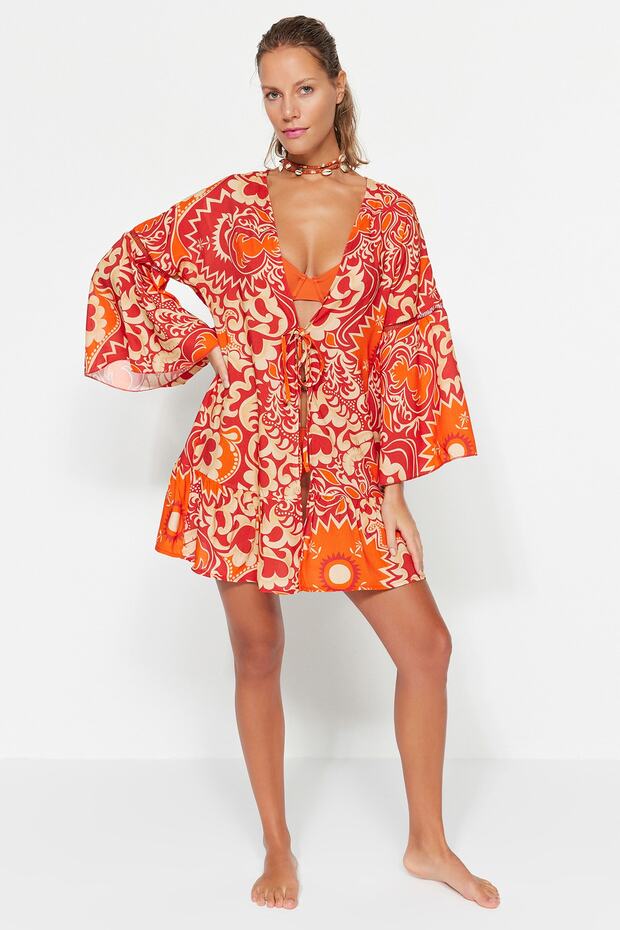 Etnik Desenli Dokuma Şeritli Plaj Mini Kimono&Kaftan TBESS23KM00032 - 2