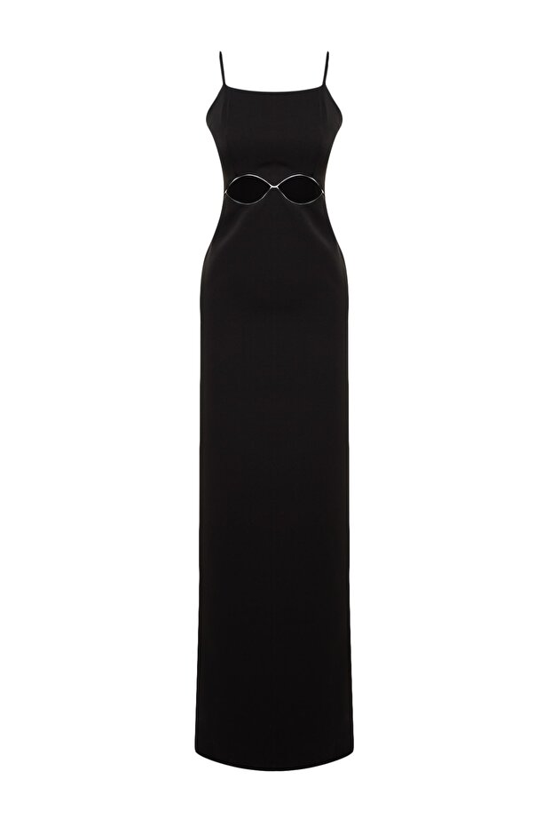 Siyah Dokuma Pencere/Cut Out Detaylı Uzun Gece Abiye Elbise TPRSS23AE00028 - 7