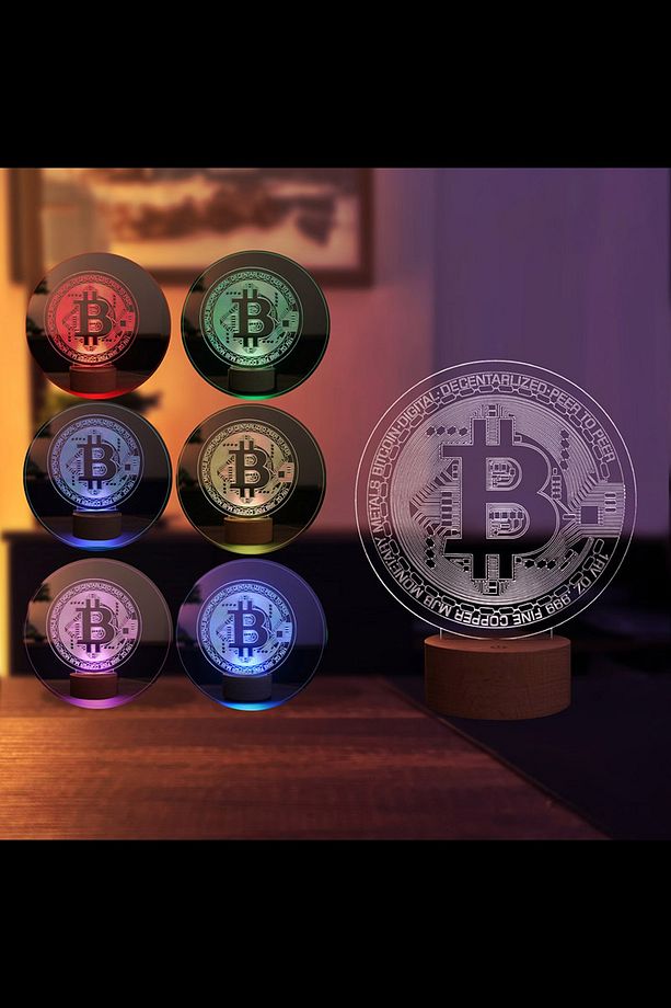 Bitcoin Led Masa Lambası Ahşap Taban 7 Farklı Işık Renkli Gece Lambası Kripto Dekoratif Aydınlatma - 2