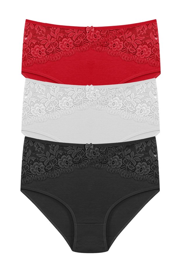 3-Piece Cotton Waist Lace Detailed High Waist Large Size Bato Women's Panties
