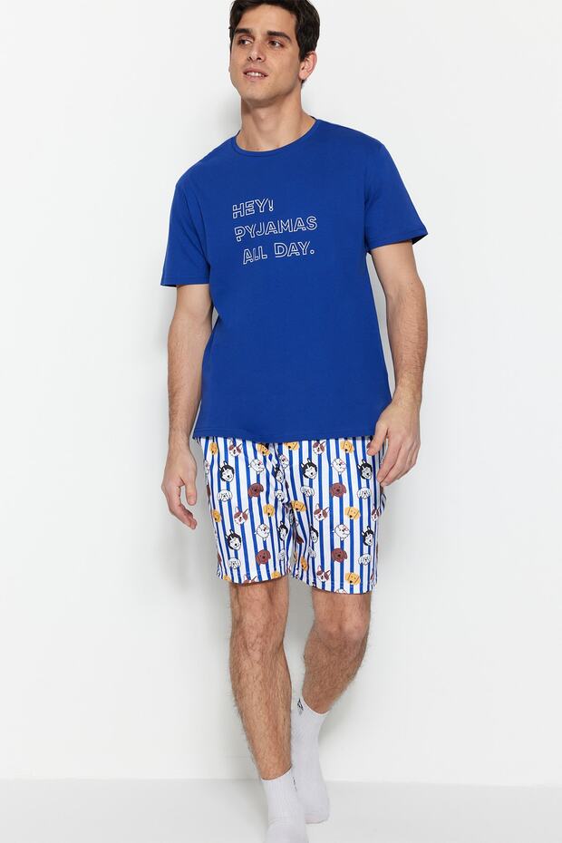 Koyu Mavi Unisex Regular Fit Baskılı Şortlu Pijama Takımı TMNSS23PT00000 - 1