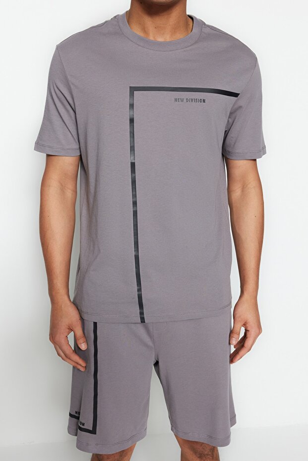 Gri Regular Fit Bisiklet Yaka Baskılı Şortlu Pijama Takımı TMNSS23PT00017 - 3