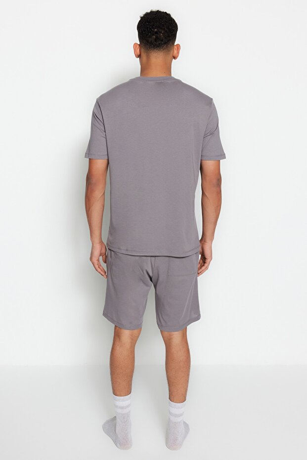 Gri Regular Fit Bisiklet Yaka Baskılı Şortlu Pijama Takımı TMNSS23PT00017 - 6