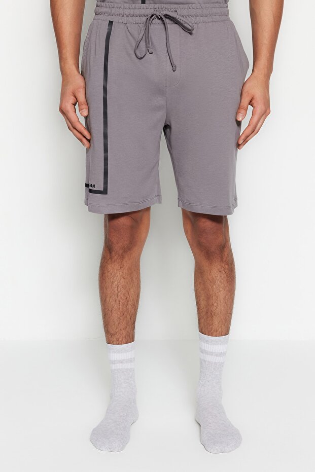 Gri Regular Fit Bisiklet Yaka Baskılı Şortlu Pijama Takımı TMNSS23PT00017 - 4