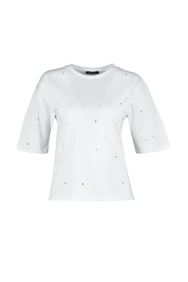 Beyaz %100 Pamuk Taş Detaylı Relaxed/Geniş Rahat Kesim Bisiklet Yaka Örme T-Shirt TWOSS23TS00153 - 6