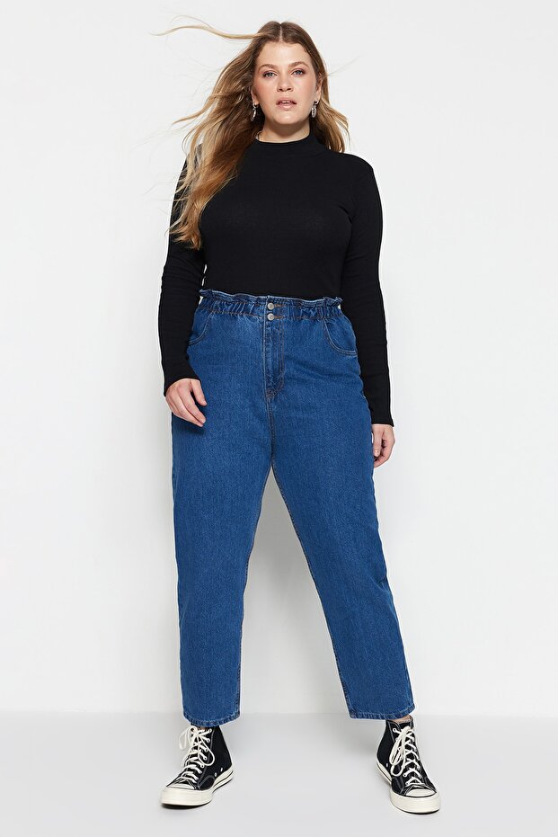 Mavi Yüksek Bel Beli Lastikli %100 Non-Stretch Pamuk Büyük Beden Mom Jeans TBBAW23JE00002 - 18