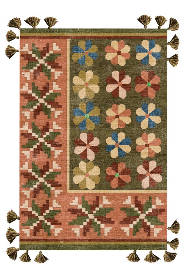Mira 1142 Khaki Brick Blue Ethnic Flower Themed Fringed Woven Base Carpet