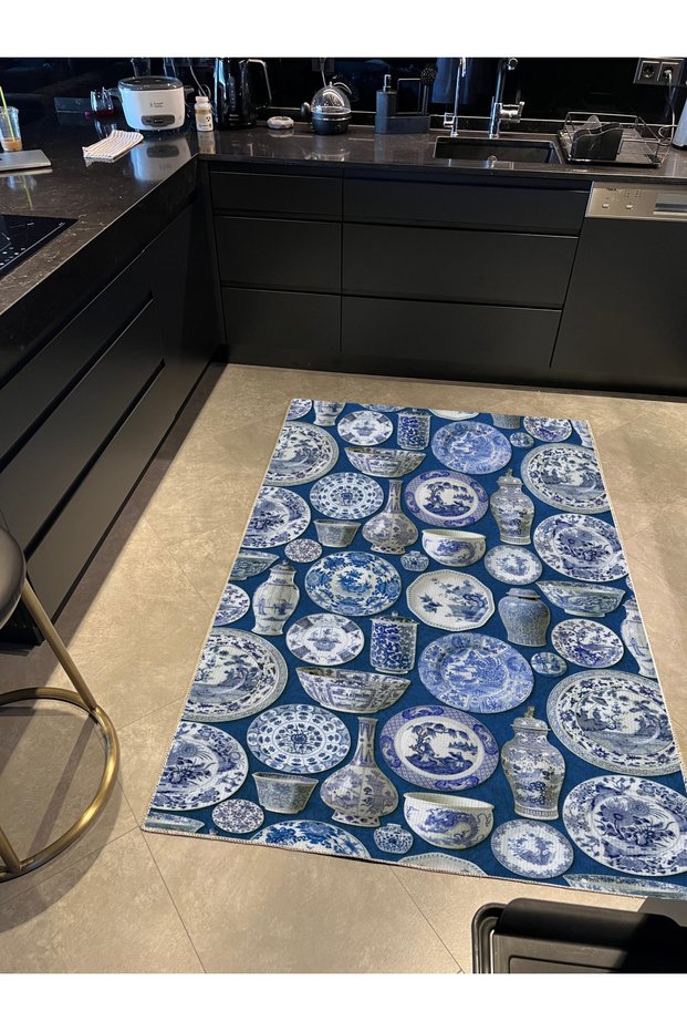 Mira 956 Blue Blanc Plate Vase Themed Navy Blue Woven Base Carpet