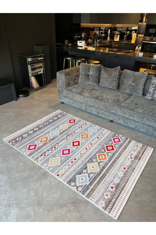 Mira 1089 Gray Multicolor Ethnic Geometric Patterned Woven Base Carpet