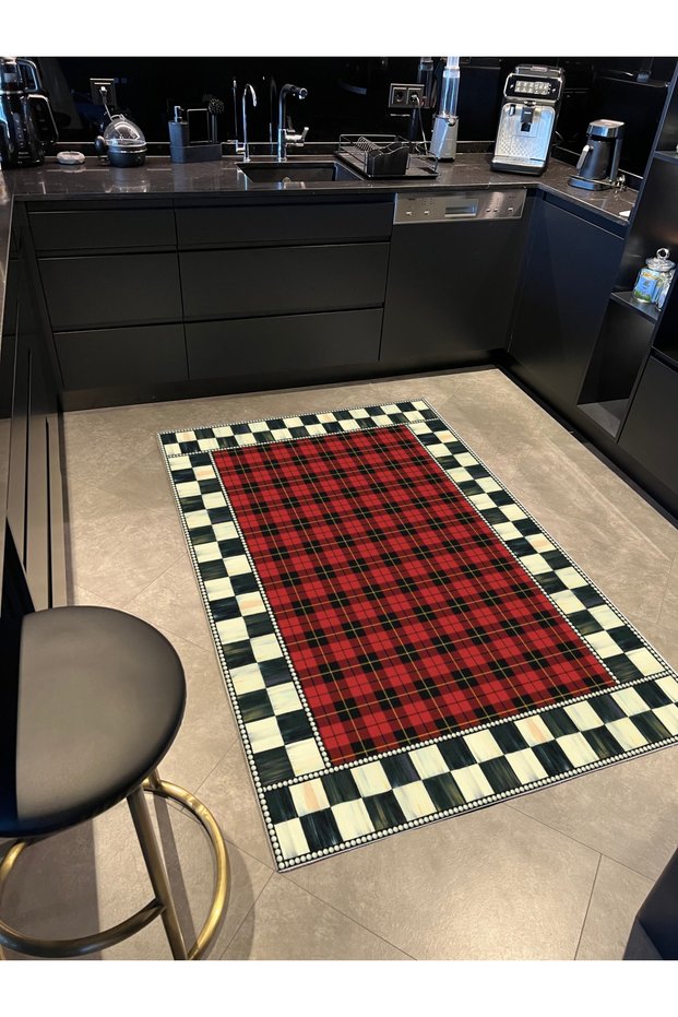 Mira 1074 Red Plaid and Checkerboard Patterned Woven Base Carpet