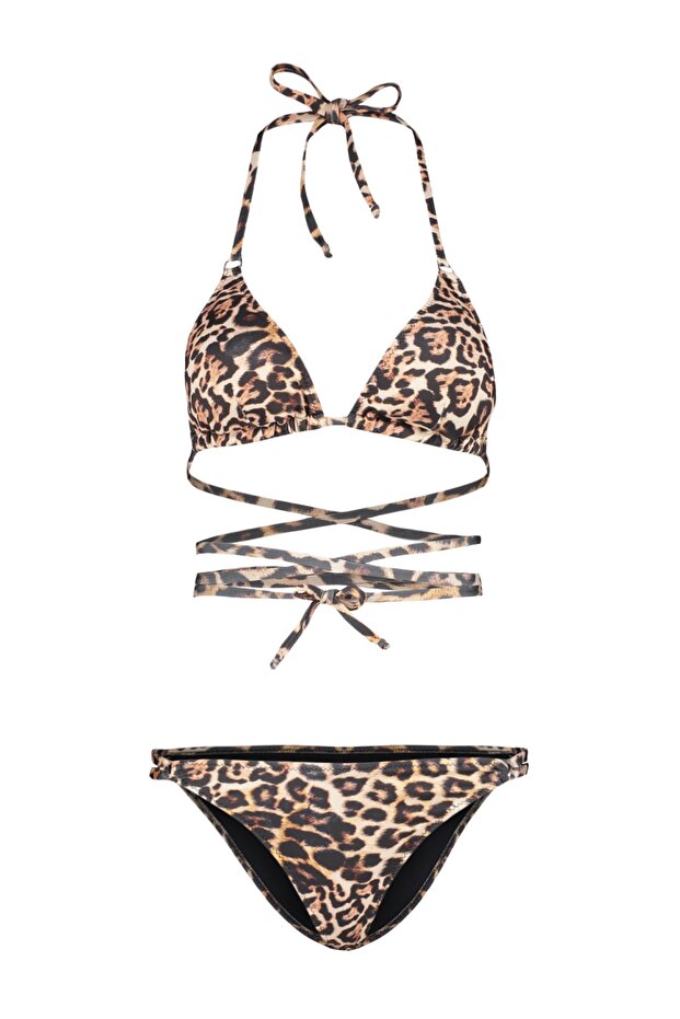 Leopar Desenli Bağlamalı Üçgen Kaplı Regular Normal Bel Bikini Takımı TBESS23BT00058 - 6