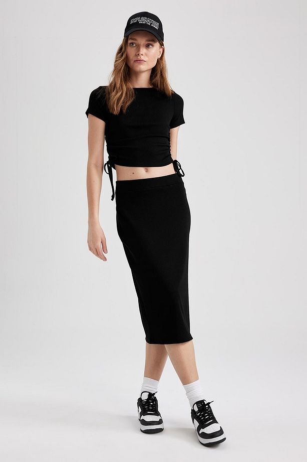 Slim Fit Basic Yırtmaçlı Fitilli Kaşkorse Midi Etek - 5