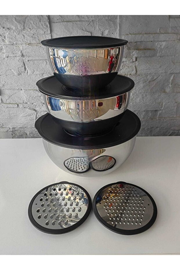 9 Pieces Closed Stainless Steel Storage / Mixing Bowl 2 Pieces Grater Head 16/20/24 Cm