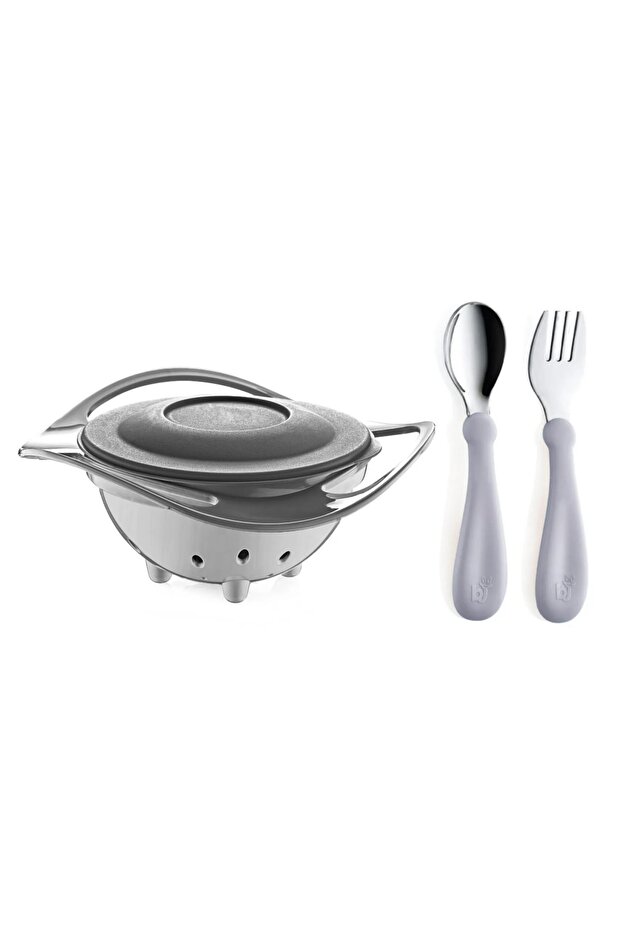 Non-Spill Plate & Steel Cutlery Set Gray