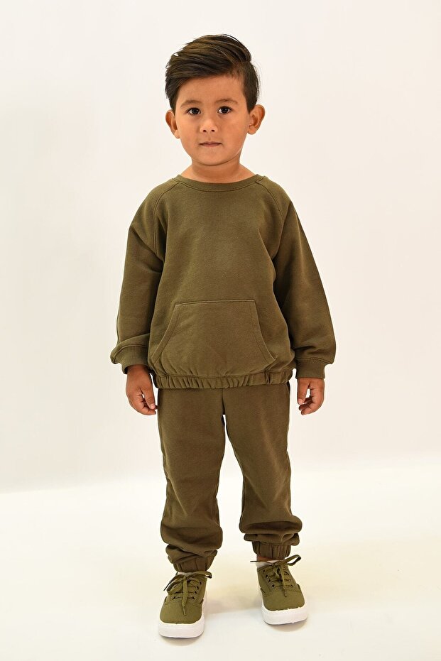 Kids Unprinted Crew Neck Khaki Children's Black Pocket Bottom Top Set