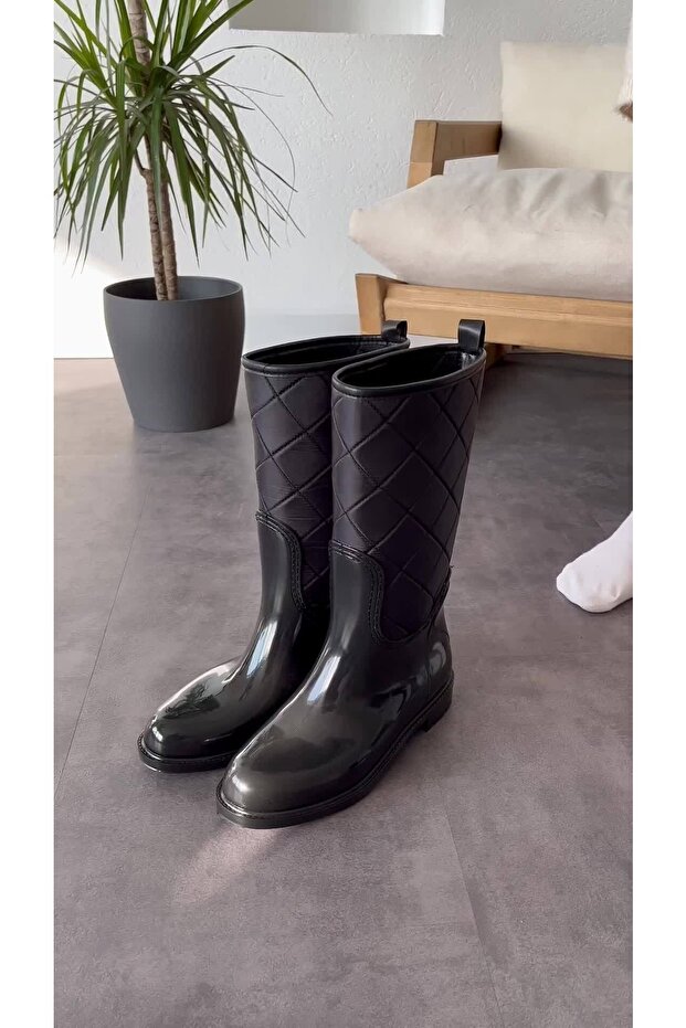 Xmad Short Women's Rain Boots Black Quilted Pattern Prachute Fabric