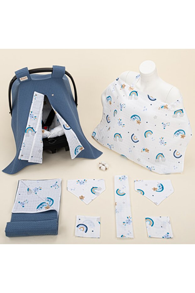 9 Piece Set - Indigo Honeycomb - Blue Rainbow Stroller Set, Blanket, Breastfeeding Bib, Apron And Wipe Set