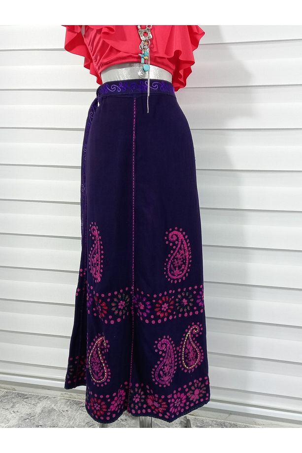 Hint Pembe Batik Çiçek Desenli Ve Işlemeli Uzun Hint Anvelop Etek - 6