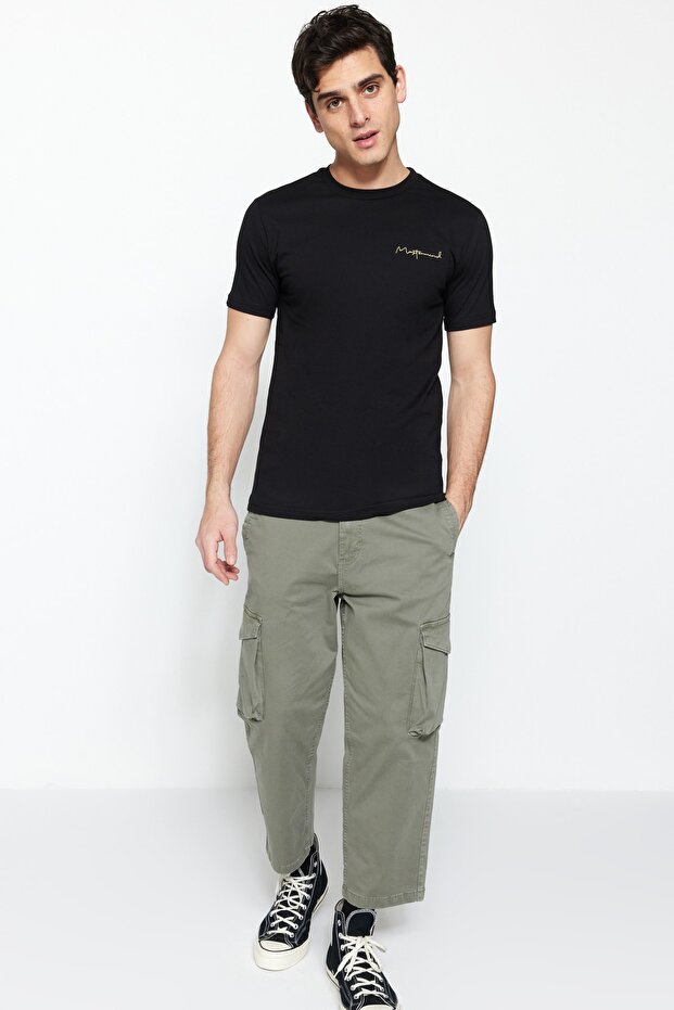 Black Slim/Fitted Small Text Printed 100% Cotton Short Sleeve T-Shirt Tmnss20Ts0083