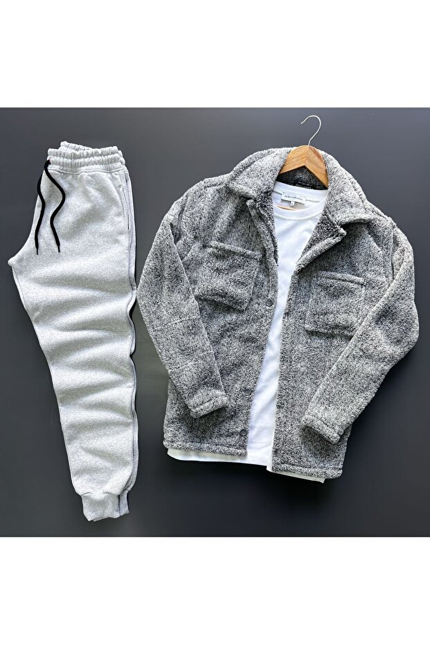 Tracksuit Set Gray Plush Gray Tracksuit Comfortable Cut