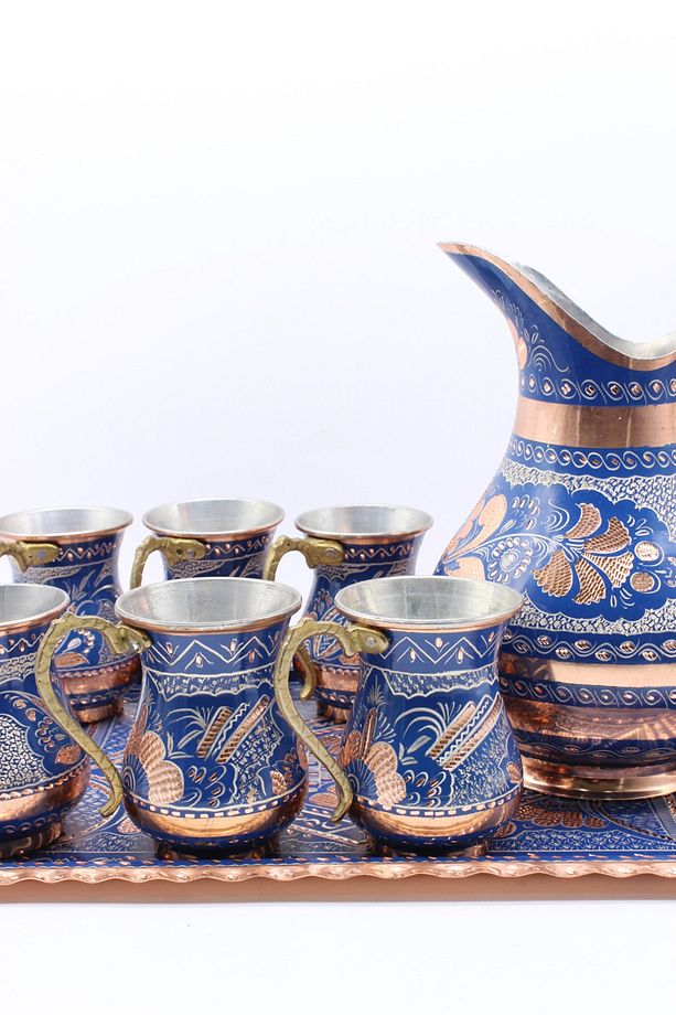Erzincan El Işlemeli Dikdörtgen Tepsili Bakır Ayran Ve Içecek Seti 6 Kişilik Mavi Renk - 3