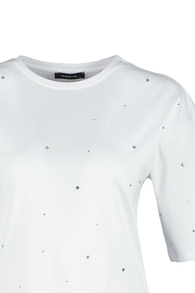 Beyaz %100 Pamuk Taş Detaylı Relaxed/Geniş Rahat Kesim Bisiklet Yaka Örme T-Shirt TWOSS23TS00153 - 7