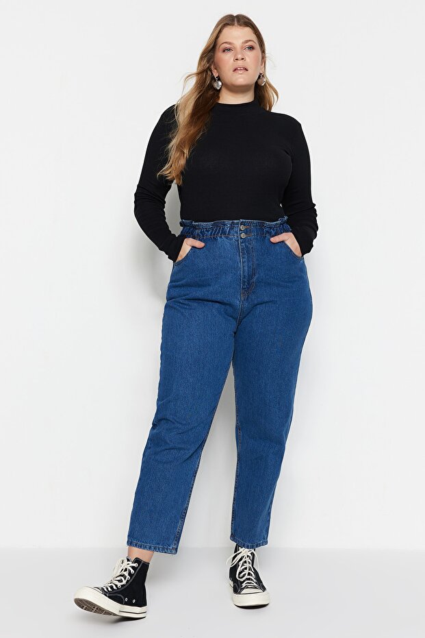 Mavi Yüksek Bel Beli Lastikli %100 Non-Stretch Pamuk Büyük Beden Mom Jeans TBBAW23JE00002 - 19