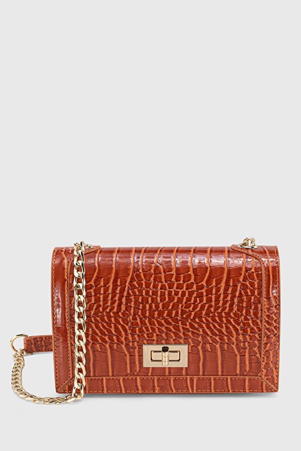 Women's Orange Chain Lockable Crocodile Patterned Crossbody Bag 224