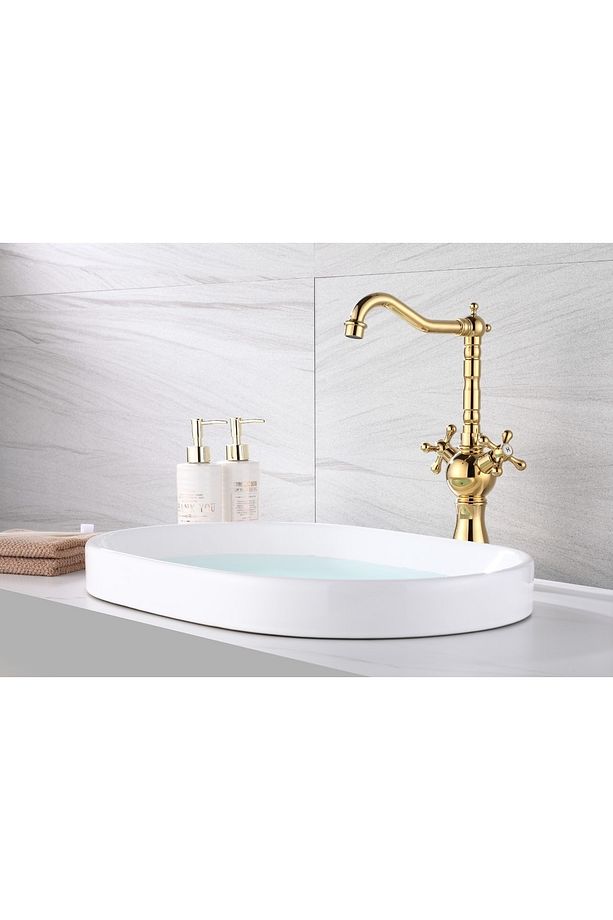 Gold Çanak Lavabo Bataryası Altın Çanak Lavabo Musluğu Vintage Model Lavabo Armatürü - 1