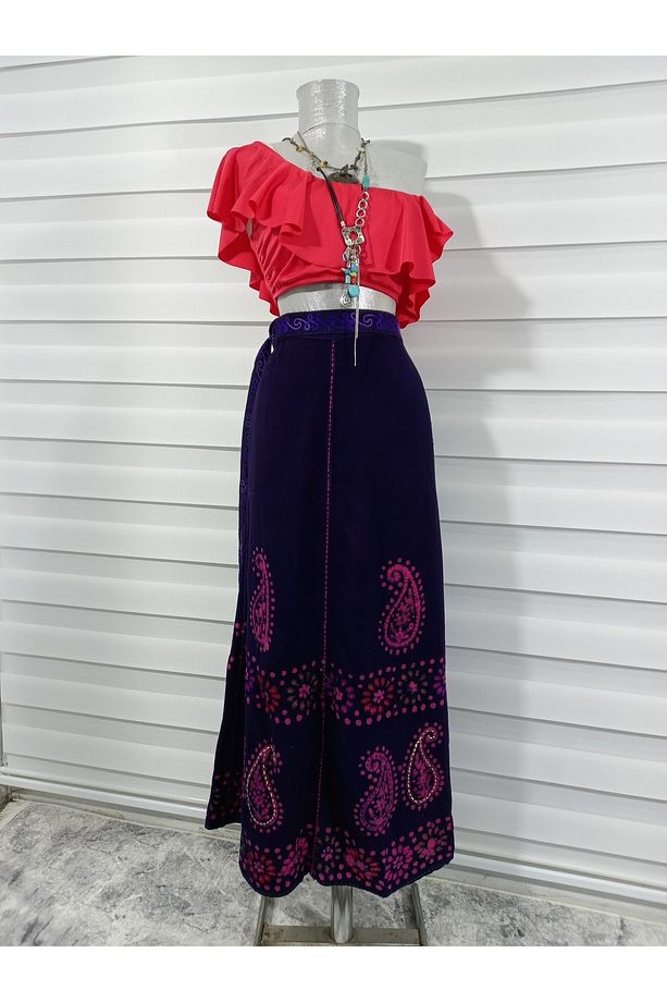 Hint Pembe Batik Çiçek Desenli Ve Işlemeli Uzun Hint Anvelop Etek - 7