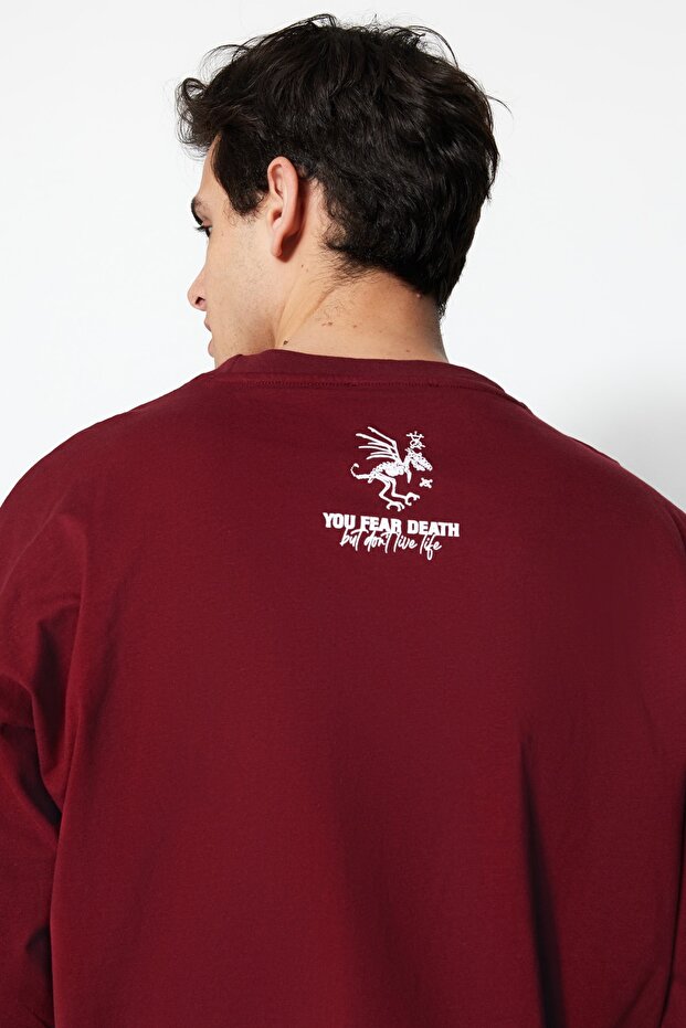 Bordo Oversize/Geniş Kesim %100 Pamuklu Minimal Yazı Baskılı T-Shirt TMNSS23TS00099 - 4
