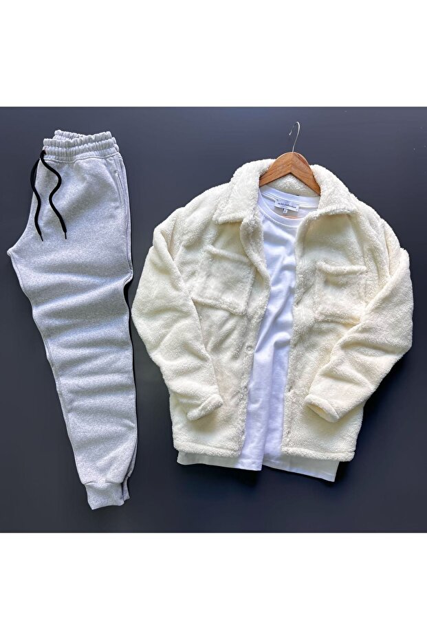 Tracksuit Set White Plush Gray Tracksuit Comfortable Cut