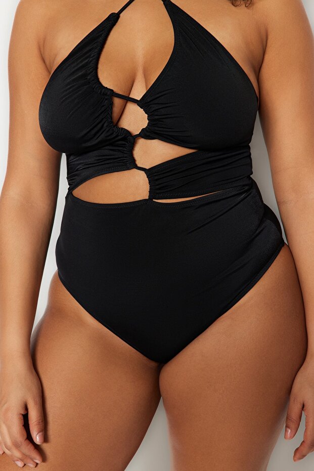 Siyah Cut Out Detaylı Boyundan Bağlamalı Büyük Beden Mayo TBBSS23AM00016 - 4