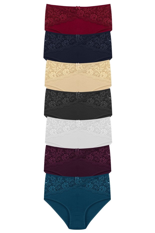 7-Piece Cotton Waist Lace Detailed High Waist Large Size Bato Women's Panties