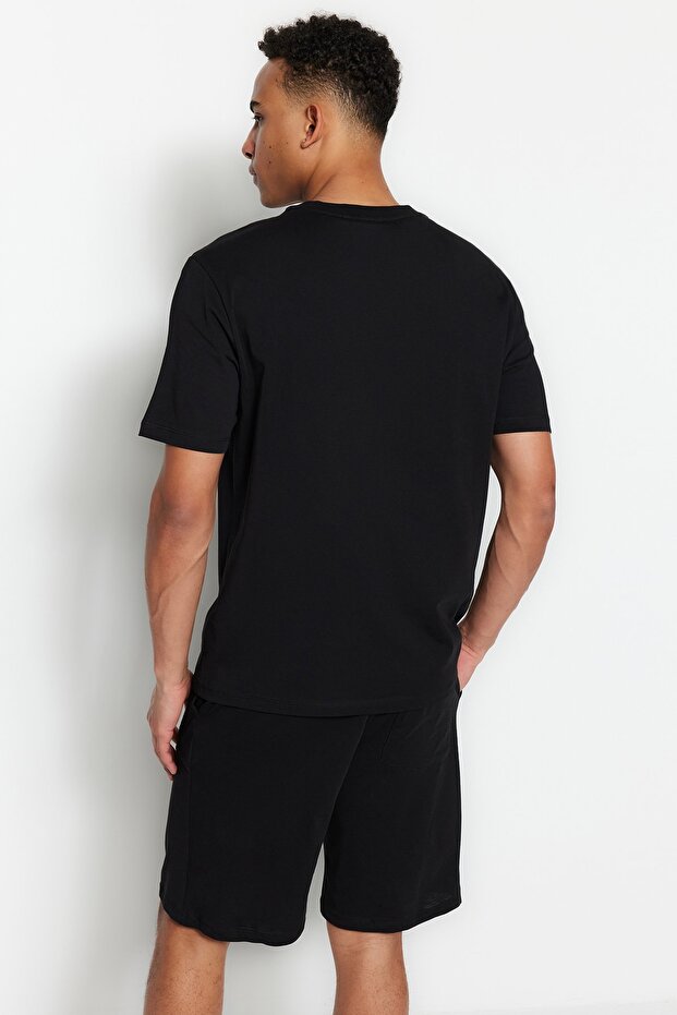Siyah Regular Fit Bisiklet Yaka Baskılı Şortlu Pijama Takımı TMNSS23PT00017 - 5