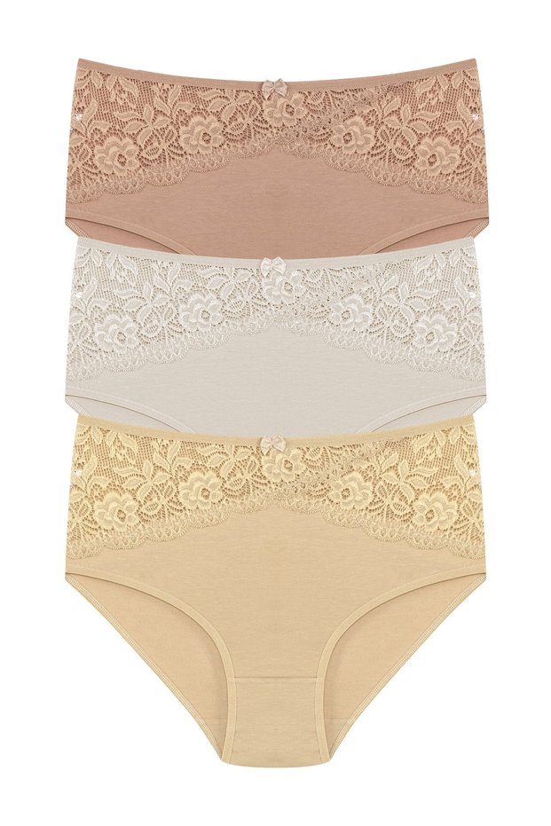 3-Piece Cotton Waist Lace Detailed High Waist Large Size Bato Women's Panties