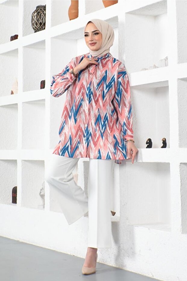 8887 Patterned Hijab Shirt Pink