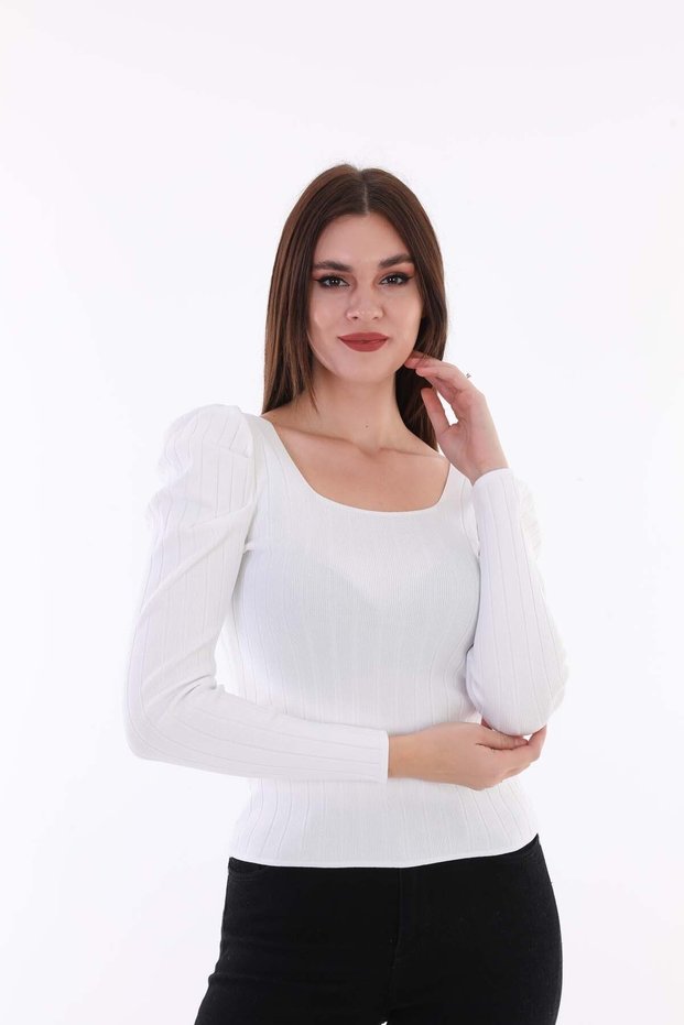 Women's White Sleeve Pleated Gathered Princess Sleeve Square Collar Blouse Sweater