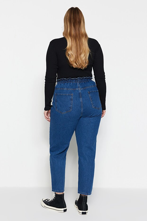 Mavi Yüksek Bel Beli Lastikli %100 Non-Stretch Pamuk Büyük Beden Mom Jeans TBBAW23JE00002 - 23