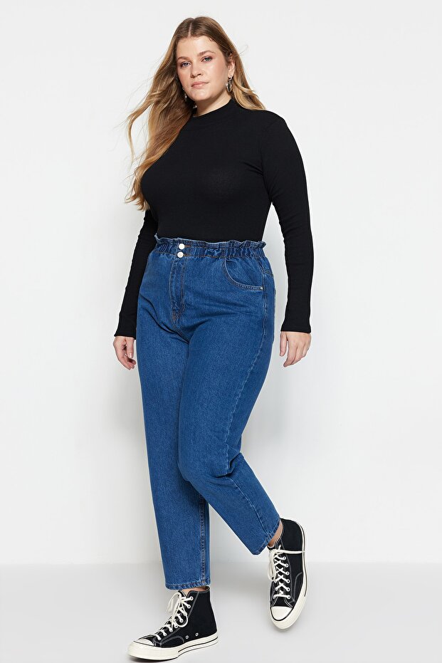 Mavi Yüksek Bel Beli Lastikli %100 Non-Stretch Pamuk Büyük Beden Mom Jeans TBBAW23JE00002 - 17
