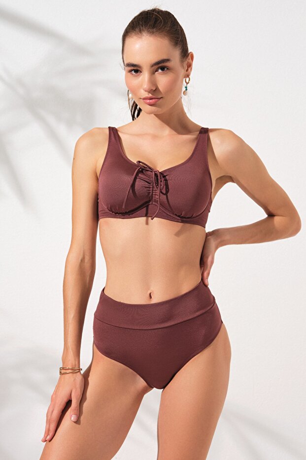 Toffee High Waist Fixed Strap Lace Bikini Set Corset Tulle Lining Stylish Gathered Gatherer