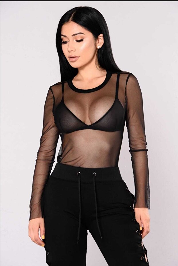 Women's Crew Neck Lycra Style Long Sleeve Tulle Blouse