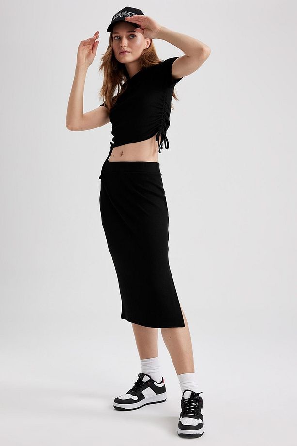 Slim Fit Basic Yırtmaçlı Fitilli Kaşkorse Midi Etek - 4