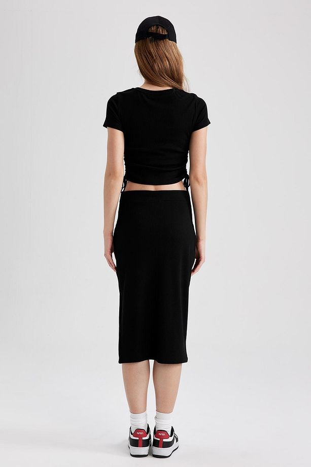 Slim Fit Basic Yırtmaçlı Fitilli Kaşkorse Midi Etek - 8