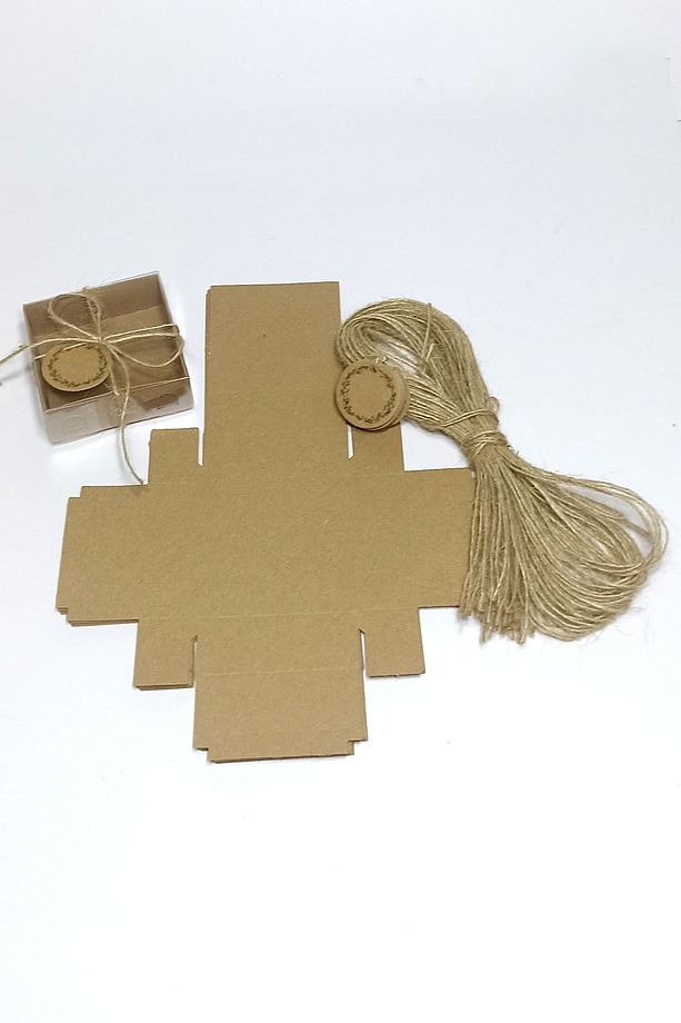 Kraft Etiket Çiçek Baskılı, Kraft Asetat Kapaklı Kutu,15 Adet Ipli Hediyelik Kutusu Set ( 8x8x3 Cm ) - 3