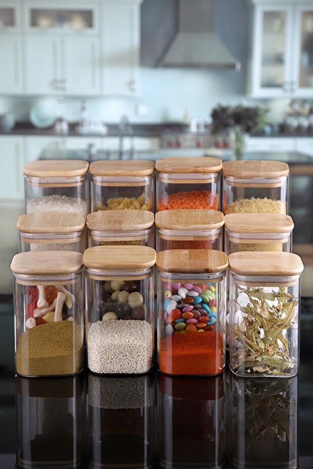 3 Sizes 12 Square Bamboo Luxury Vacuum Spice Jars & Jars with Lids